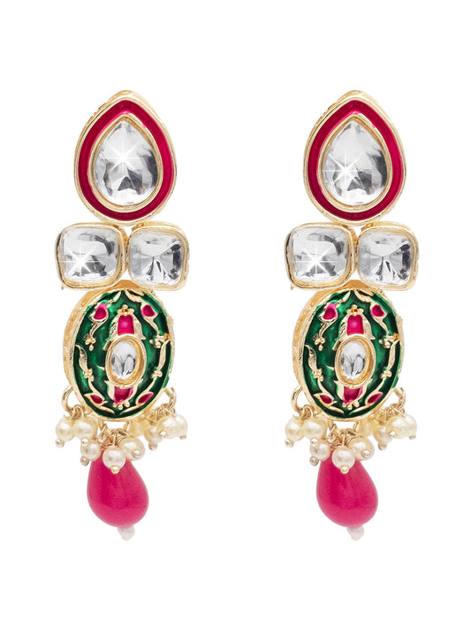 Handcrafted Gold Plated Design Traditional Ethnic Kundan,CZ, Pearl Studded Dark Pink Meenakari Earrings for Women (SJE_46_D4_DP)