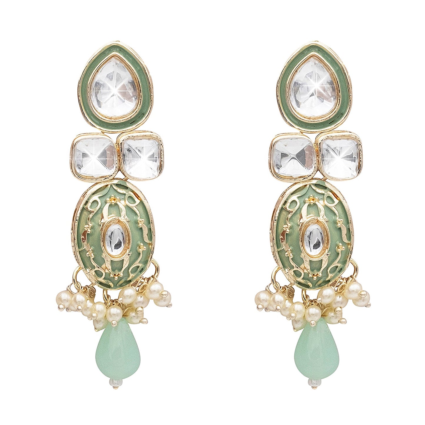 Handcrafted Gold Plated Design Traditional Ethnic Kundan,CZ, Pearl Studded Light Green Meenakari Earrings for Women (SJE_46_D4_LG)