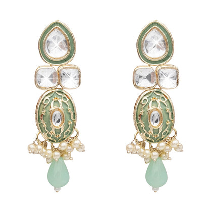 Handcrafted Gold Plated Design Traditional Ethnic Kundan,CZ, Pearl Studded Light Green Meenakari Earrings for Women (SJE_46_D4_LG)
