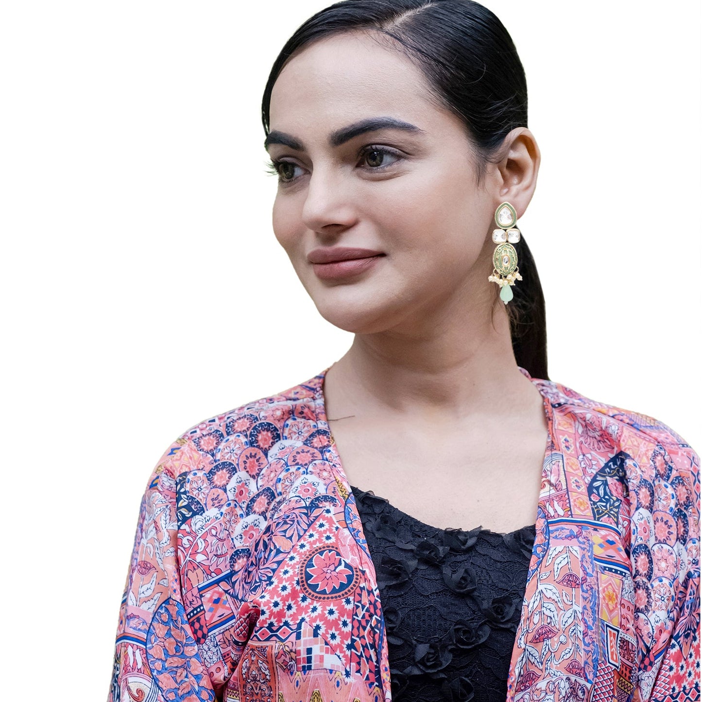 Handcrafted Gold Plated Design Traditional Ethnic Kundan,CZ, Pearl Studded Light Green Meenakari Earrings for Women (SJE_46_D4_LG)