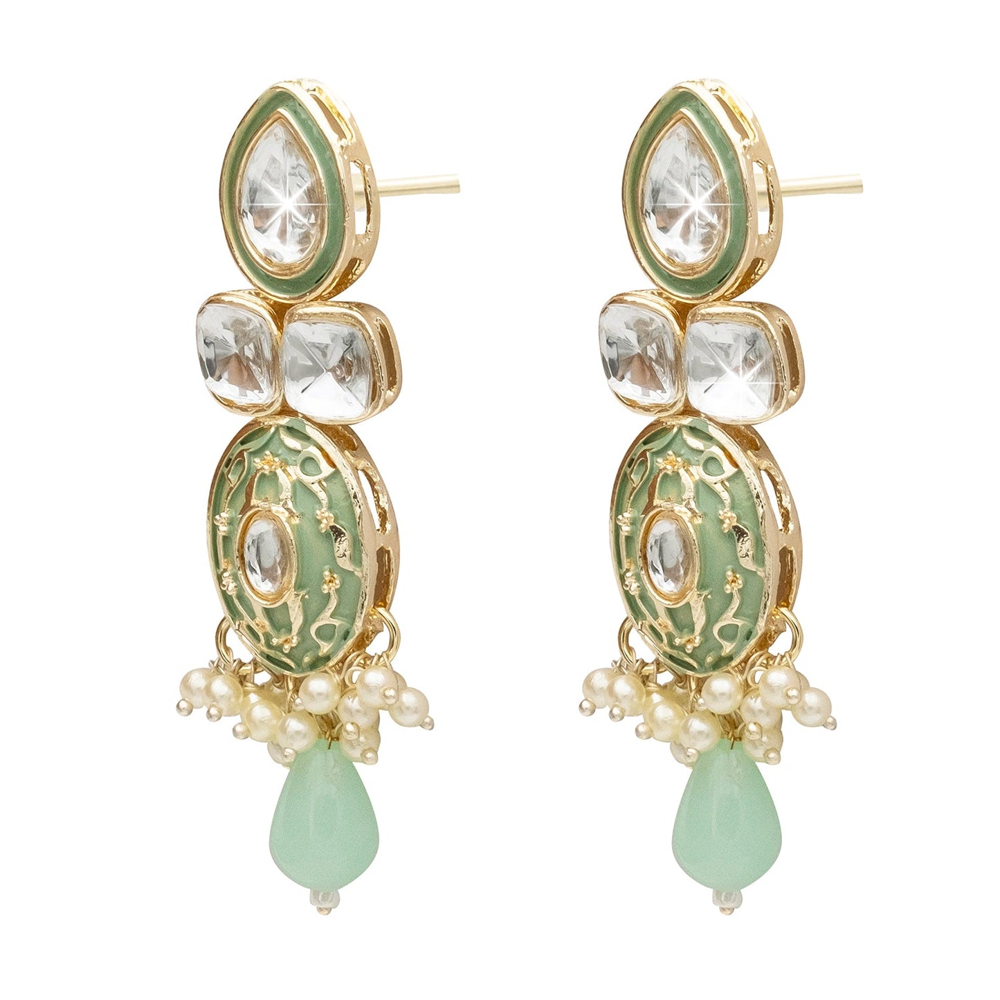 Handcrafted Gold Plated Design Traditional Ethnic Kundan,CZ, Pearl Studded Light Green Meenakari Earrings for Women (SJE_46_D4_LG)