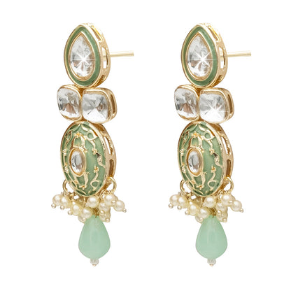 Handcrafted Gold Plated Design Traditional Ethnic Kundan,CZ, Pearl Studded Light Green Meenakari Earrings for Women (SJE_46_D4_LG)