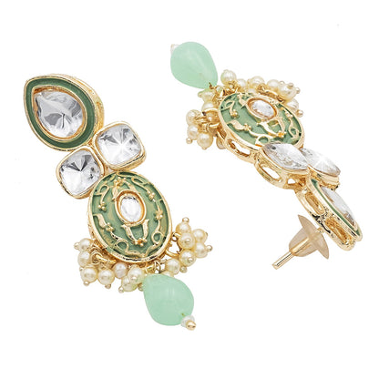 Handcrafted Gold Plated Design Traditional Ethnic Kundan,CZ, Pearl Studded Light Green Meenakari Earrings for Women (SJE_46_D4_LG)
