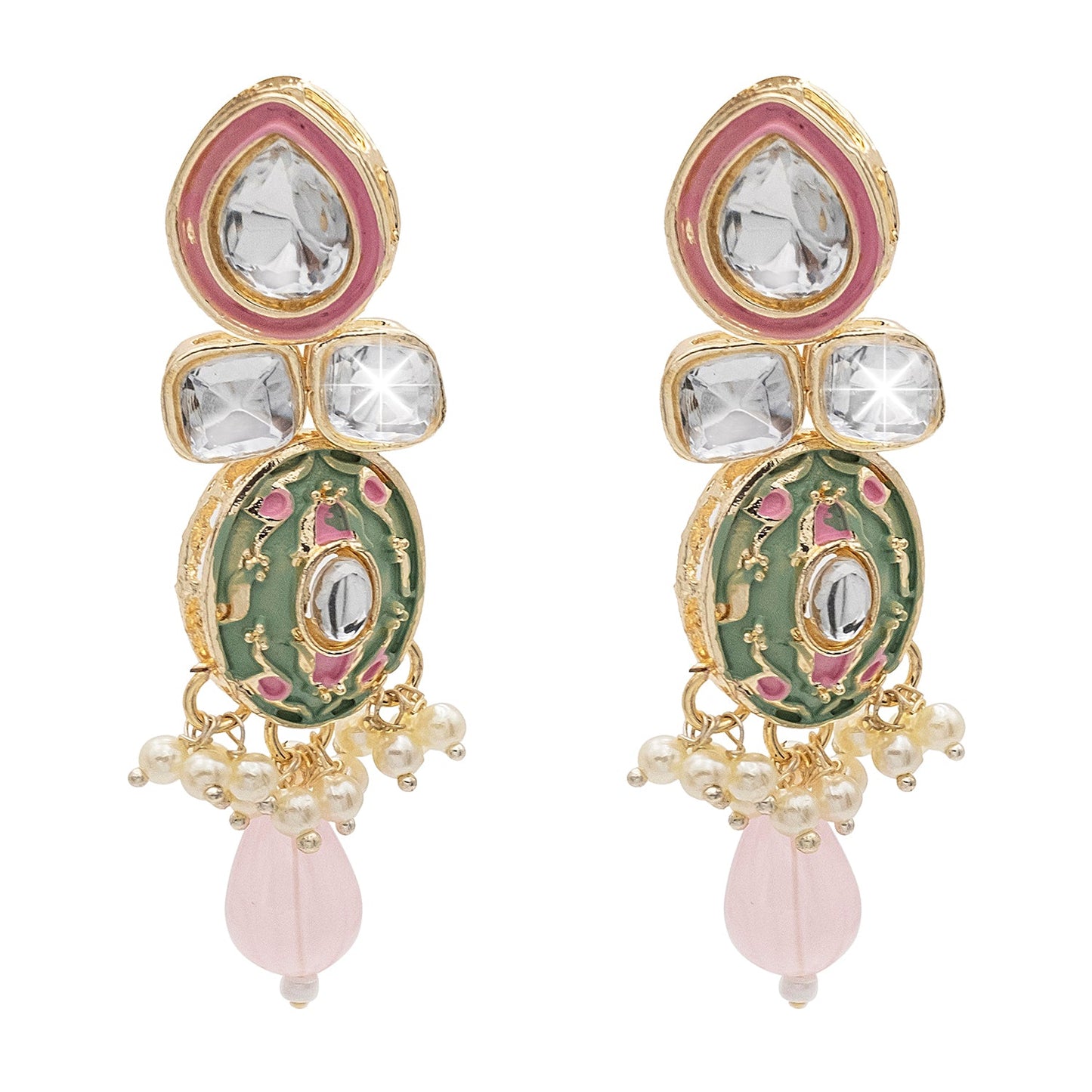 Handcrafted Gold Plated Design Traditional Ethnic Kundan,CZ, Pearl Studded Light Pink Meenakari Earrings for Women (SJE_46_D4_LP)