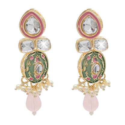 Handcrafted Gold Plated Design Traditional Ethnic Kundan,CZ, Pearl Studded Light Pink Meenakari Earrings for Women (SJE_46_D4_LP)