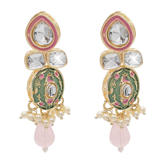 Handcrafted Gold Plated Design Traditional Ethnic Kundan,CZ, Pearl Studded Light Pink Meenakari Earrings for Women (SJE_46_D4_LP)