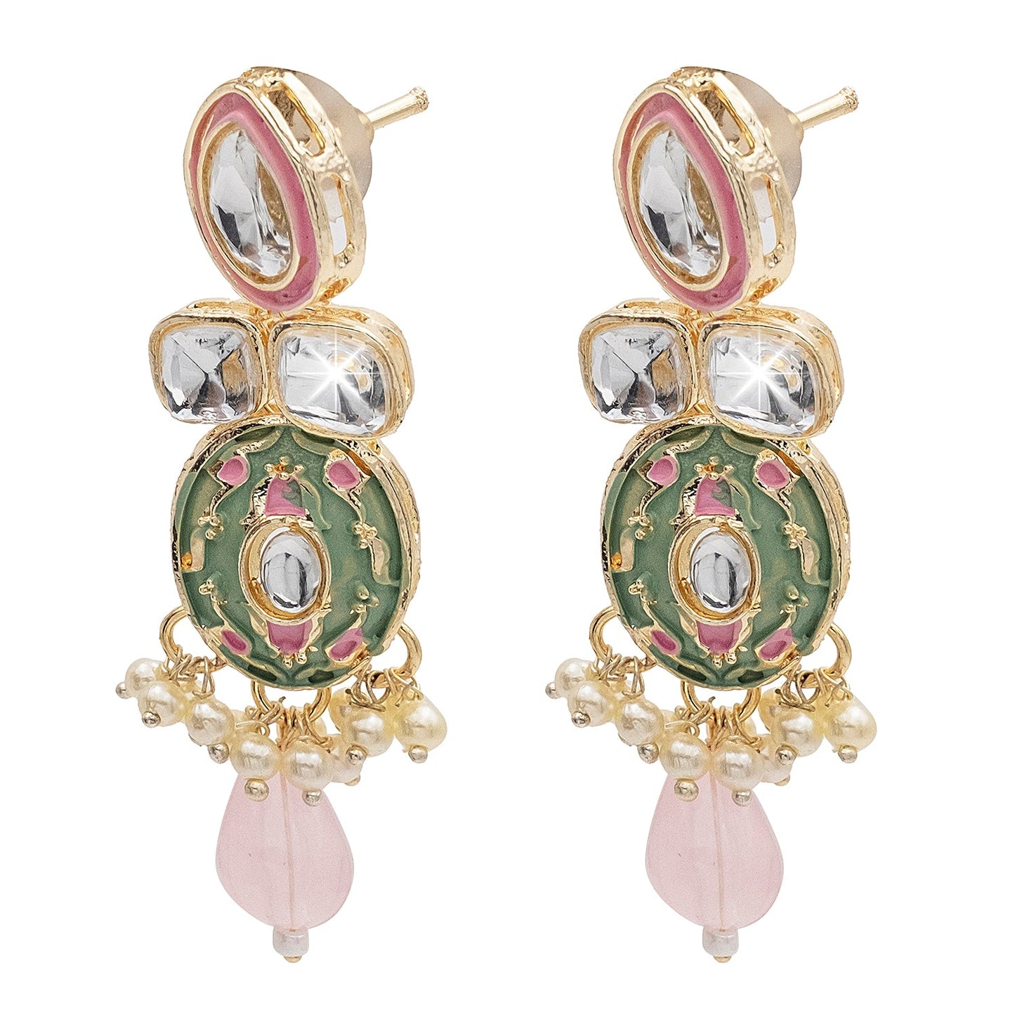 Handcrafted Gold Plated Design Traditional Ethnic Kundan,CZ, Pearl Studded Light Pink Meenakari Earrings for Women (SJE_46_D4_LP)