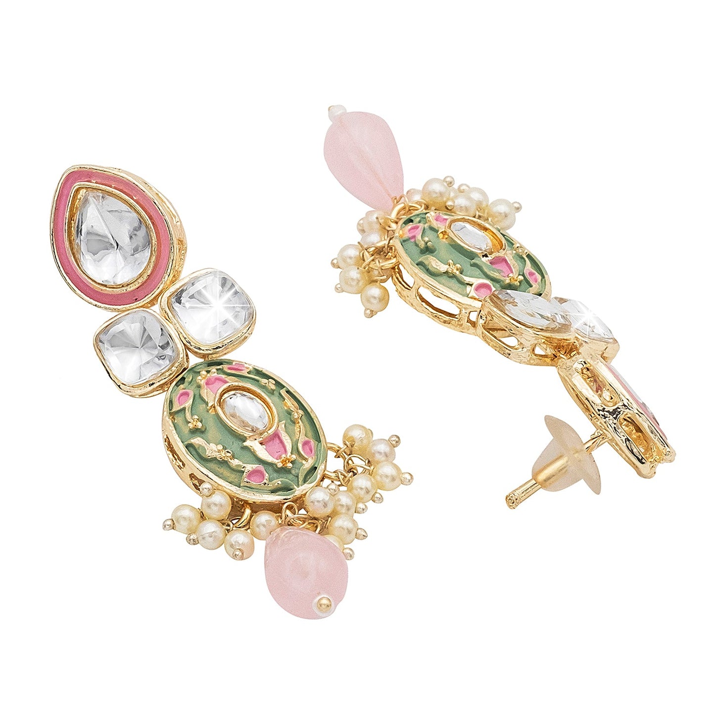 Handcrafted Gold Plated Design Traditional Ethnic Kundan,CZ, Pearl Studded Light Pink Meenakari Earrings for Women (SJE_46_D4_LP)