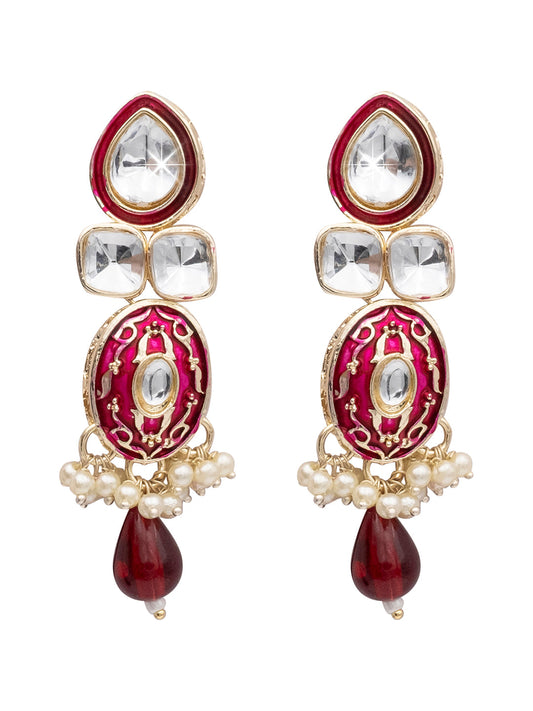 Handcrafted Gold Plated Design Traditional Ethnic Kundan,CZ, Pearl Studded Maroon Meenakari Earrings for Women (SJE_46_D4_M)