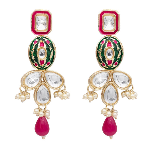 Handcrafted Gold Plated Design Traditional Ethnic Kundan,CZ, Pearl Studded Dark Pink Meenakari Earrings for Women (SJE_46_D5_DP)
