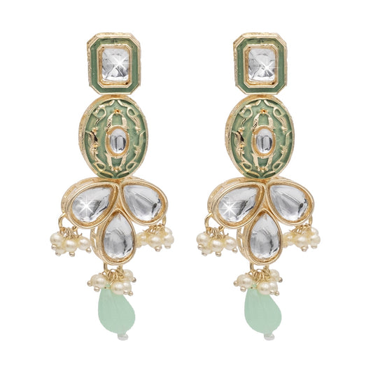 Handcrafted Gold Plated Design Traditional Ethnic Kundan,CZ, Pearl Studded Light Green Meenakari Earrings for Women (SJE_46_D5_LG)
