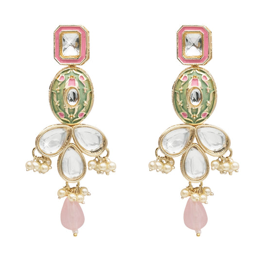 Handcrafted Gold Plated Design Traditional Ethnic Kundan,CZ, Pearl Studded Light Pink Meenakari Earrings for Women (SJE_46_D5_LP)