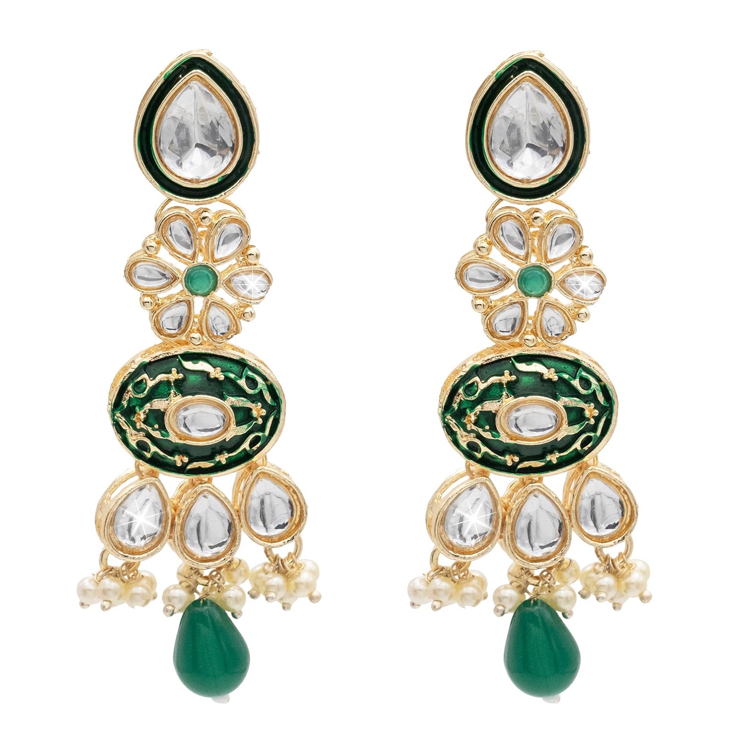 Handcrafted Gold Plated Floral Design Traditional Ethnic Kundan, Pearl Stunded Dark Green Meenakari Earrings for Women (SJE_46_D6_DG)
