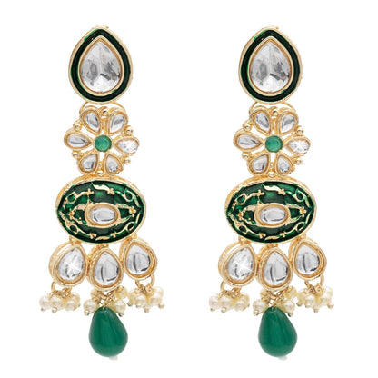 Handcrafted Gold Plated Floral Design Traditional Ethnic Kundan, Pearl Stunded Dark Green Meenakari Earrings for Women (SJE_46_D6_DG)