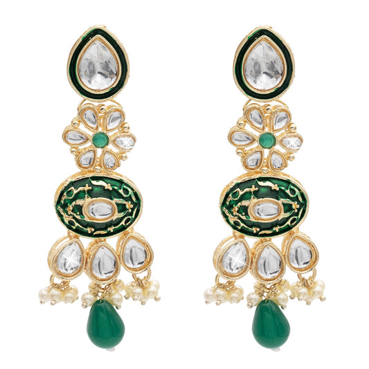Handcrafted Gold Plated Floral Design Traditional Ethnic Kundan, Pearl Stunded Dark Green Meenakari Earrings for Women (SJE_46_D6_DG)