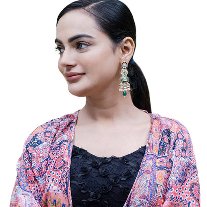 Handcrafted Gold Plated Floral Design Traditional Ethnic Kundan, Pearl Stunded Dark Green Meenakari Earrings for Women (SJE_46_D6_DG)