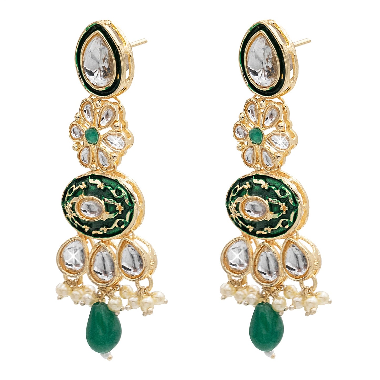 Handcrafted Gold Plated Floral Design Traditional Ethnic Kundan, Pearl Stunded Dark Green Meenakari Earrings for Women (SJE_46_D6_DG)