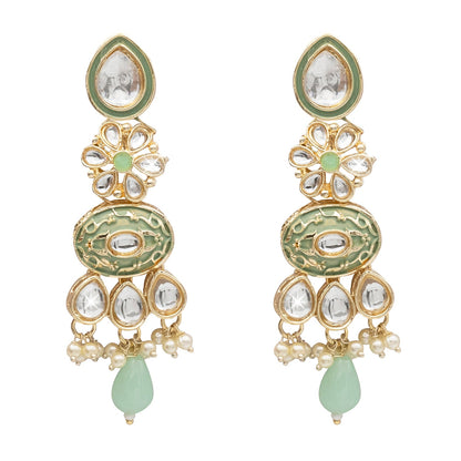 Handcrafted Gold Plated Floral Design Traditional Ethnic Kundan, Pearl Studded Light Green Meenakari Earrings for Women (SJE_46_D6_LG)