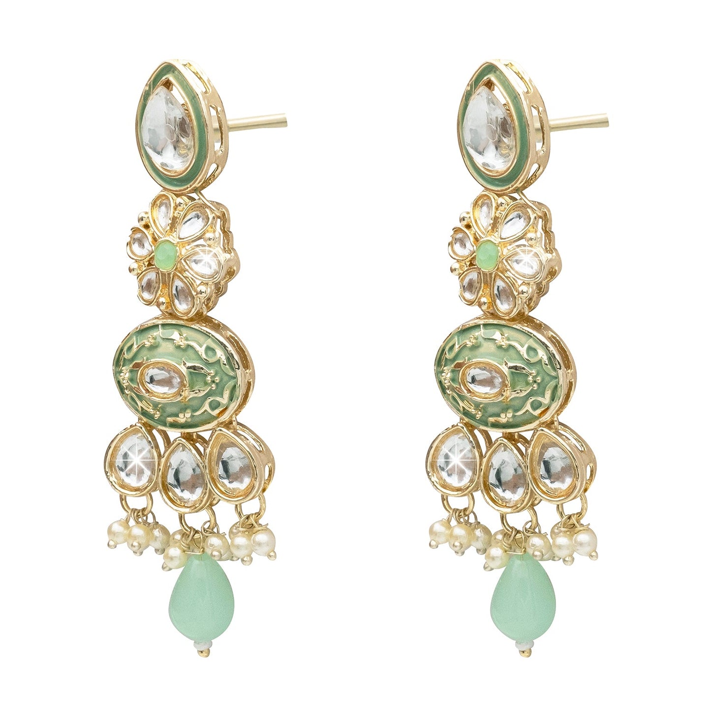 Handcrafted Gold Plated Floral Design Traditional Ethnic Kundan, Pearl Studded Light Green Meenakari Earrings for Women (SJE_46_D6_LG)