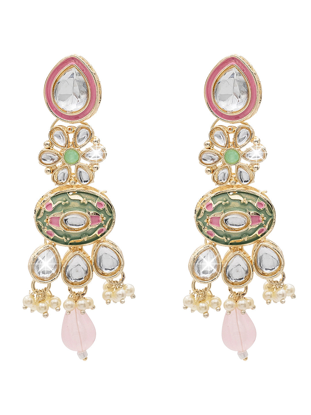 Handcrafted Gold Plated Floral Design Traditional Ethnic Kundan, Pearl Studded Light Pink Meenakari Earrings for Women (SJE_46_D6_LP)