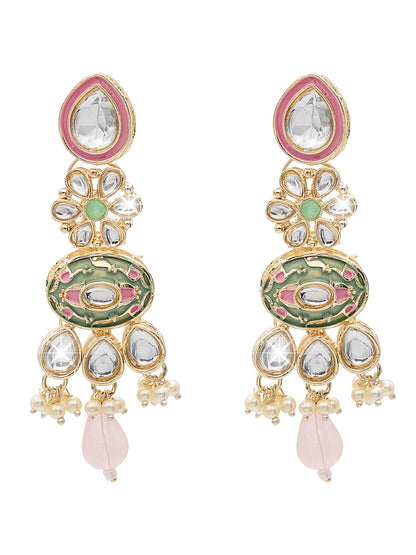 Handcrafted Gold Plated Floral Design Traditional Ethnic Kundan, Pearl Studded Light Pink Meenakari Earrings for Women (SJE_46_D6_LP)