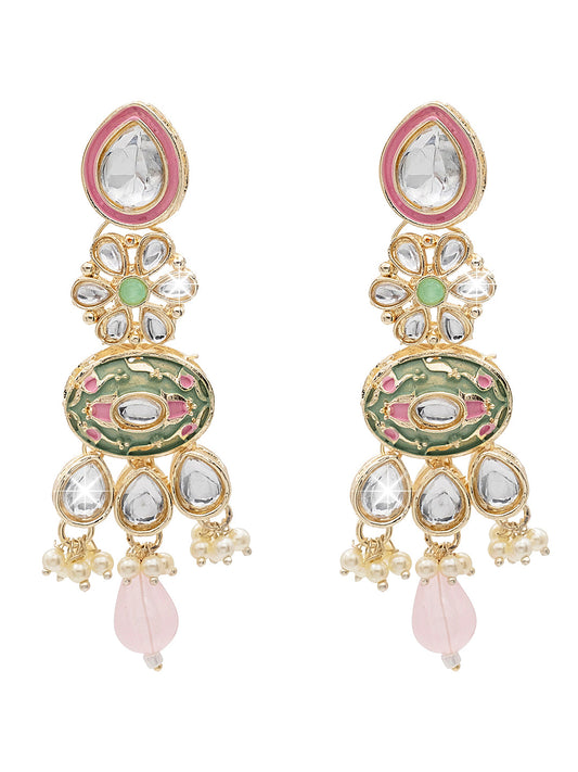 Handcrafted Gold Plated Floral Design Traditional Ethnic Kundan, Pearl Studded Light Pink Meenakari Earrings for Women (SJE_46_D6_LP)