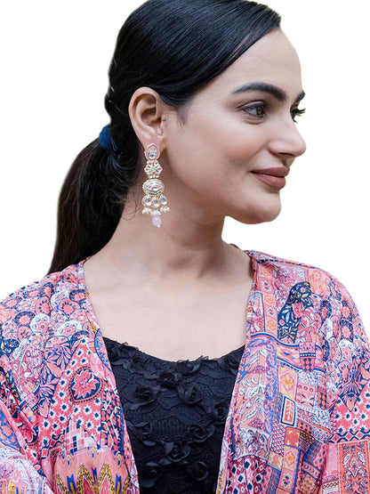 Handcrafted Gold Plated Floral Design Traditional Ethnic Kundan, Pearl Studded Light Pink Meenakari Earrings for Women (SJE_46_D6_LP)