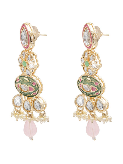Handcrafted Gold Plated Floral Design Traditional Ethnic Kundan, Pearl Studded Light Pink Meenakari Earrings for Women (SJE_46_D6_LP)
