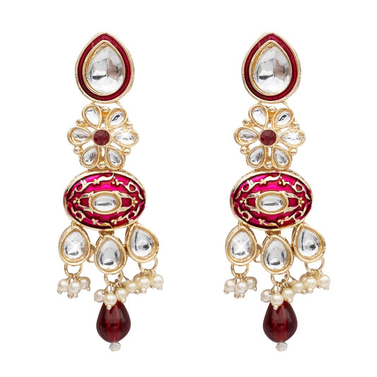 Handcrafted Gold Plated Floral Design Traditional Ethnic Kundan, Pearl Studded Maroon Meenakari Earrings for Women (SJE_46_D6_M)
