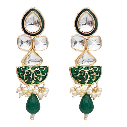Handcrafted Gold Plated Antique Pasha Design Traditional Ethnic Kundan, Pearl Studded Dark Green Meenakari Earrings for Women (SJE_46_D7_DG)
