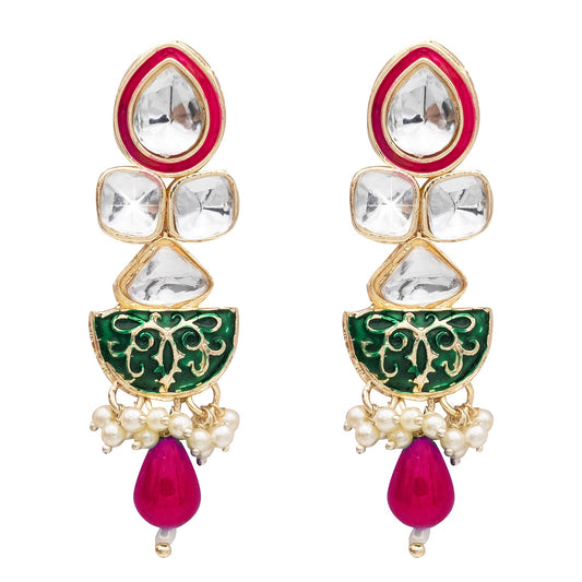 Handcrafted Gold Plated Antique Pasha Design Traditional Ethnic Kundan, Pearl Studded Dark Pink Meenakari Earrings for Women (SJE_46_D7_DP)