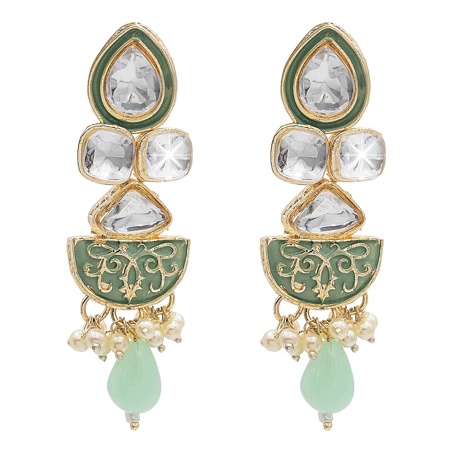 Handcrafted Gold Plated Antique Pasha Design Traditional Ethnic Kundan, Pearl Studded Light Green Meenakari Earrings for Women (SJE_46_D7_LG)