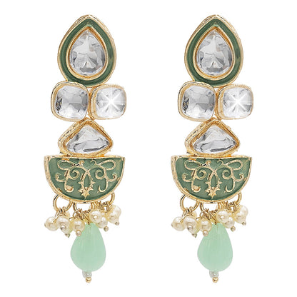 Handcrafted Gold Plated Antique Pasha Design Traditional Ethnic Kundan, Pearl Studded Light Green Meenakari Earrings for Women (SJE_46_D7_LG)