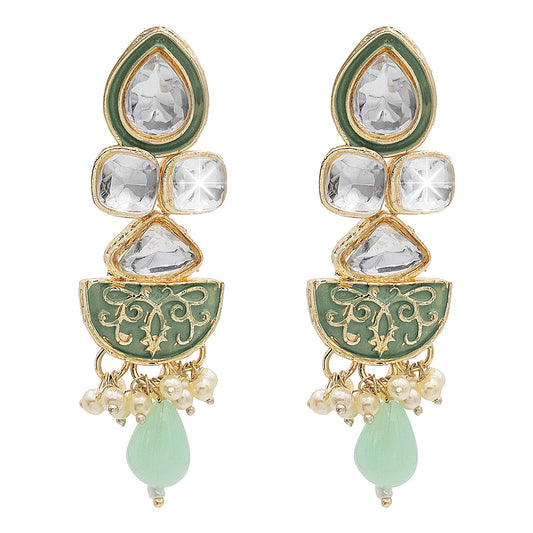 Handcrafted Gold Plated Antique Pasha Design Traditional Ethnic Kundan, Pearl Studded Light Green Meenakari Earrings for Women (SJE_46_D7_LG)