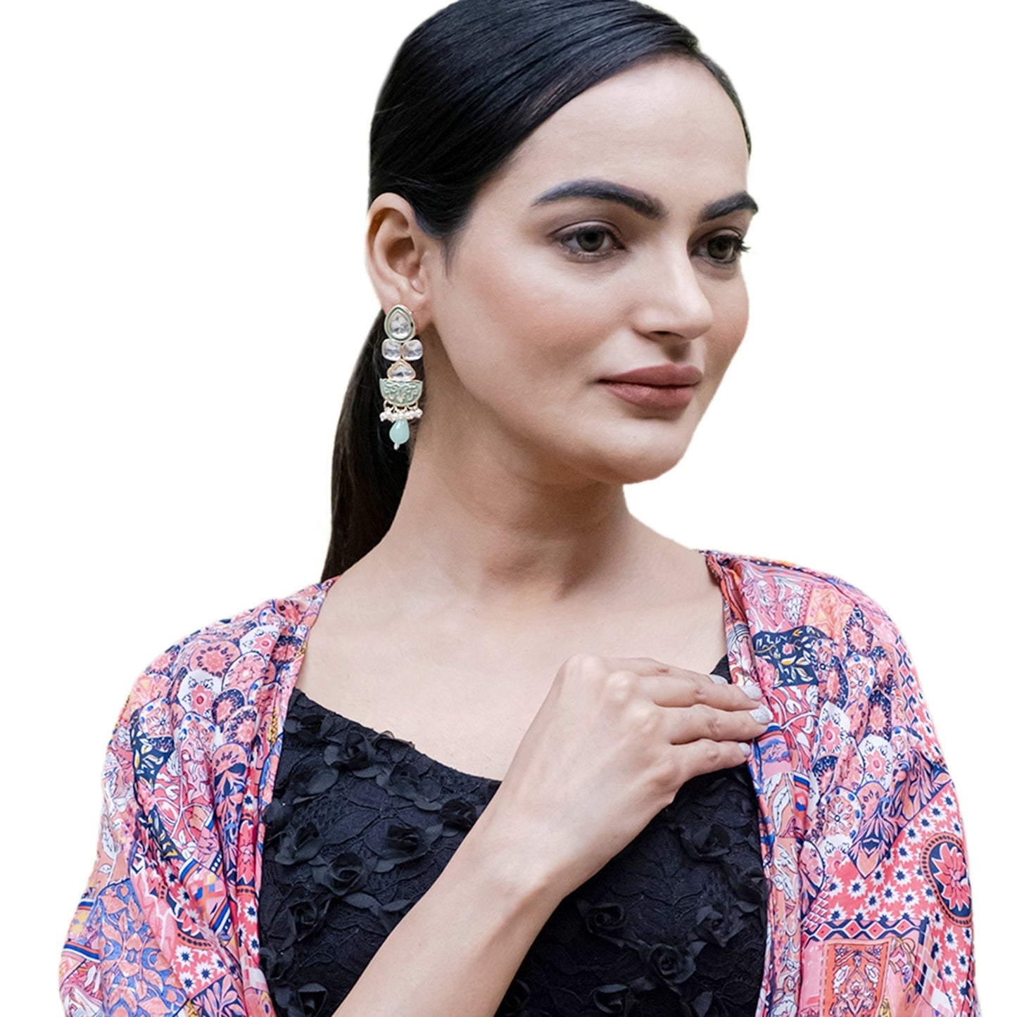 Handcrafted Gold Plated Antique Pasha Design Traditional Ethnic Kundan, Pearl Studded Light Green Meenakari Earrings for Women (SJE_46_D7_LG)