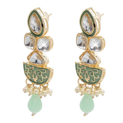 Handcrafted Gold Plated Antique Pasha Design Traditional Ethnic Kundan, Pearl Studded Light Green Meenakari Earrings for Women (SJE_46_D7_LG)