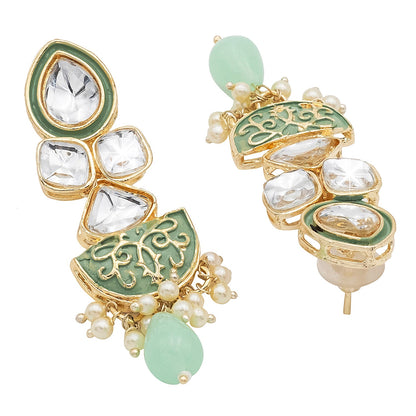 Handcrafted Gold Plated Antique Pasha Design Traditional Ethnic Kundan, Pearl Studded Light Green Meenakari Earrings for Women (SJE_46_D7_LG)