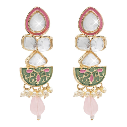 Handcrafted Gold Plated Antique Pasha Design Traditional Ethnic Kundan, Pearl Studded Light Pink Meenakari Earrings for Women (SJE_46_D7_LP)