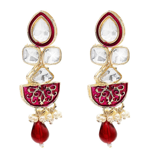 Handcrafted Gold Plated Antique Pasha Design Traditional Ethnic Kundan, Pearl Studded Maroon Meenakari Earrings for Women (SJE_46_D7_M)