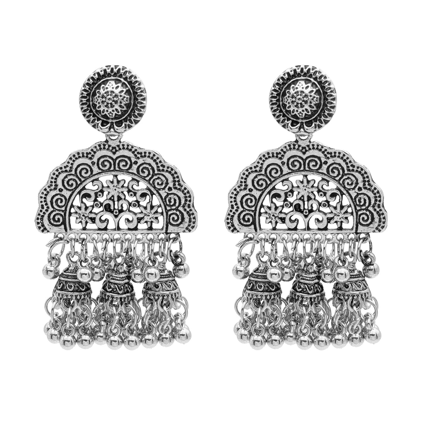 Antique Silver Plated Oxidised Traditional Tribal Look Jhumka With CZ & Pearls Long Earrings for Women (SJE_47)