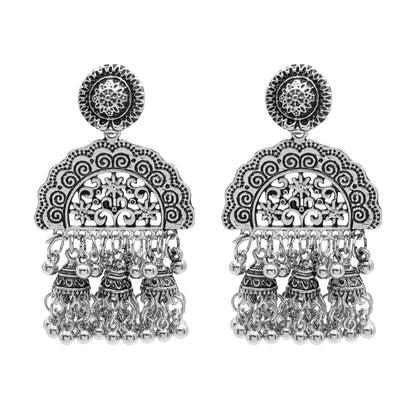 Antique Silver Plated Oxidised Traditional Tribal Look Jhumka With CZ & Pearls Long Earrings for Women (SJE_47)