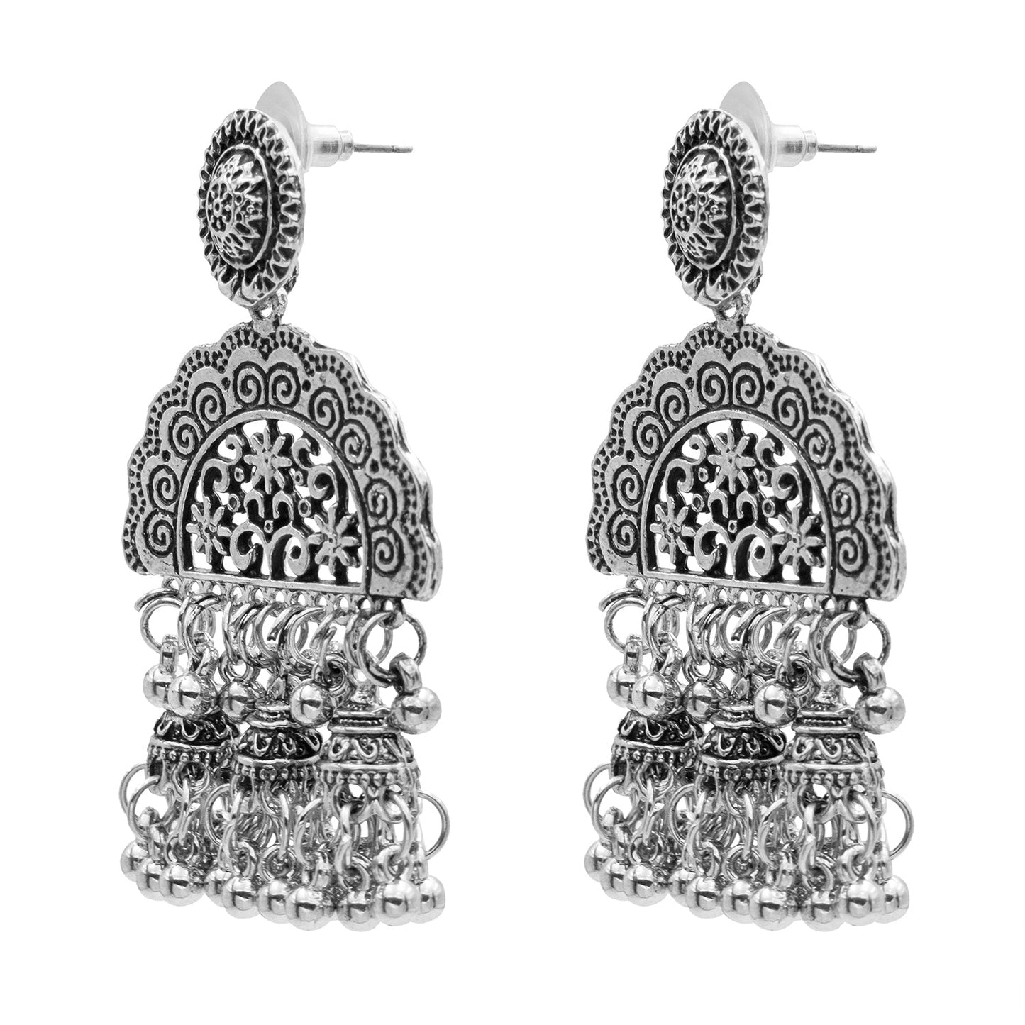 Antique Silver Plated Oxidised Traditional Tribal Look Jhumka With CZ & Pearls Long Earrings for Women (SJE_47)