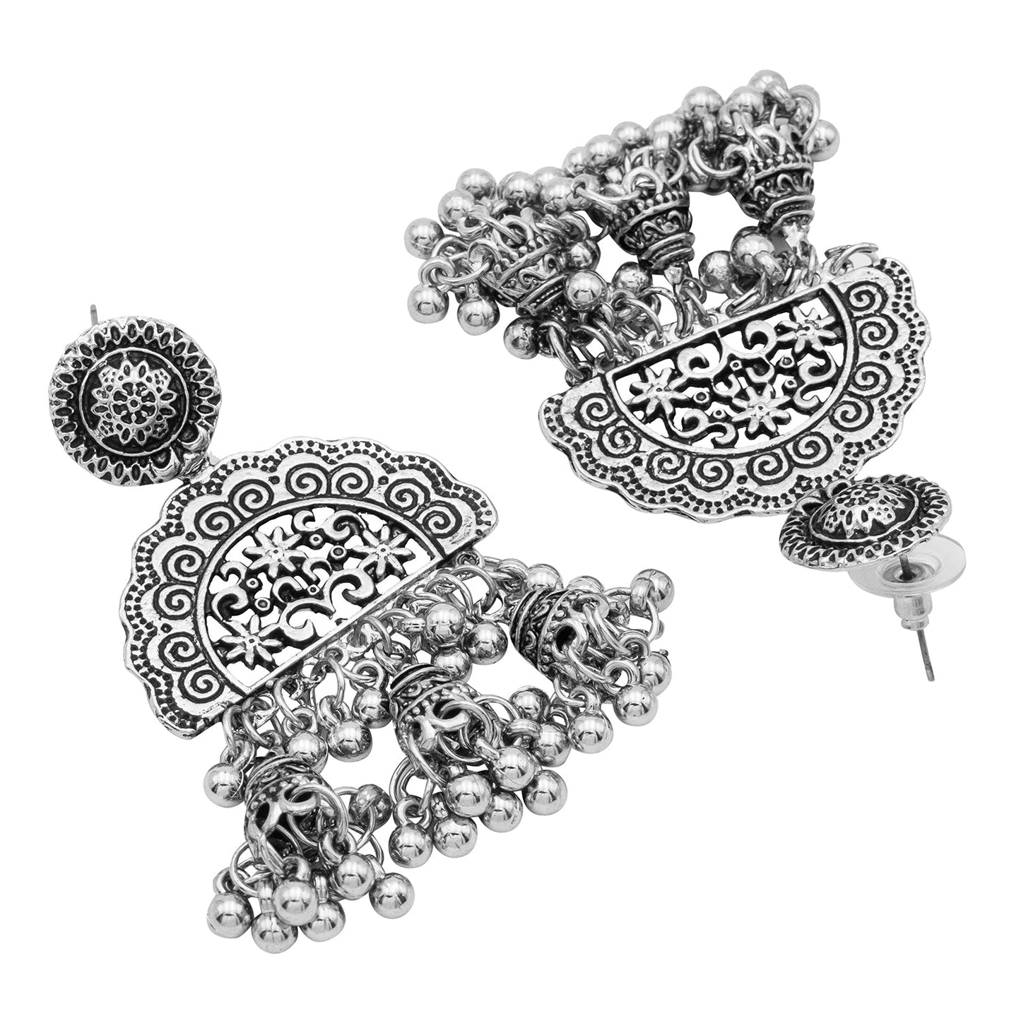 Antique Silver Plated Oxidised Traditional Tribal Look Jhumka With CZ & Pearls Long Earrings for Women (SJE_47)