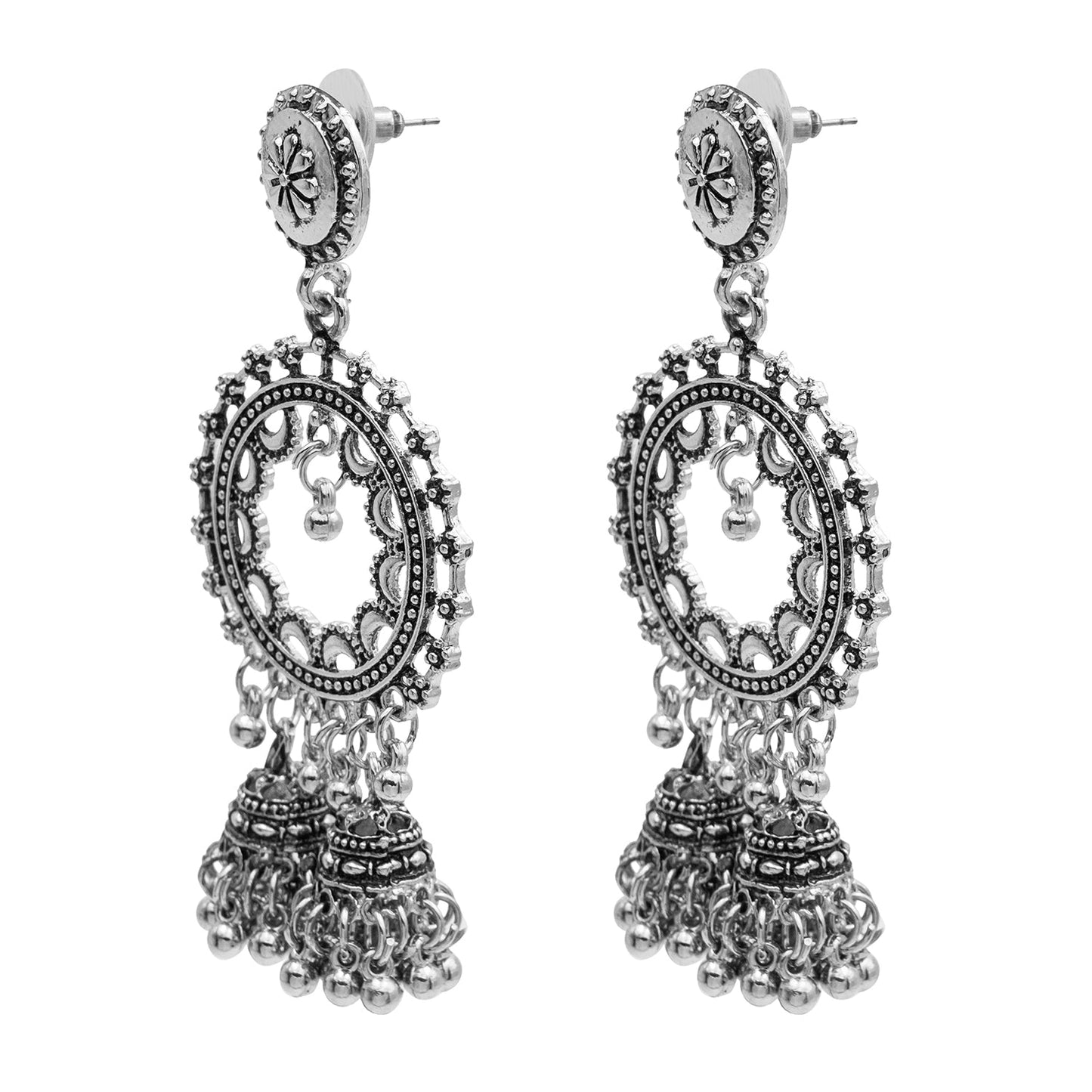 Antique Silver Plated Oxidised Traditional Look Jhumka With CZ & Pearls Long Earrings for Women (SJE_48)