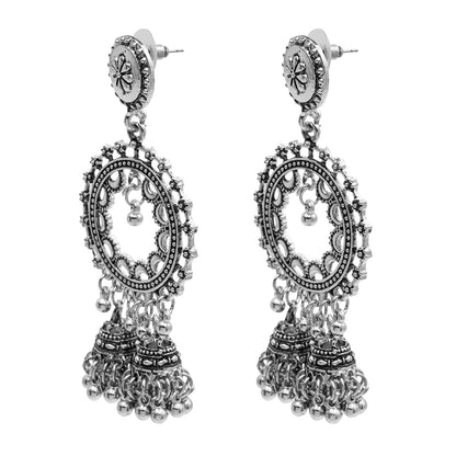 Antique Silver Plated Oxidised Traditional Look Jhumka With CZ & Pearls Long Earrings for Women (SJE_48)