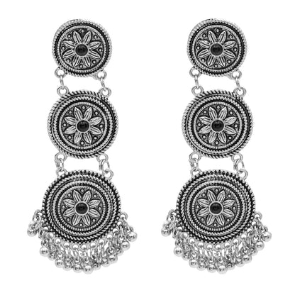 Antique Silver Plated Oxidised Traditional Tribal Look Jhumka With CZ & Pearls Long Earrings for Women (SJE_49)