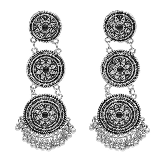 Antique Silver Plated Oxidised Traditional Tribal Look Jhumka With CZ & Pearls Long Earrings for Women (SJE_49)