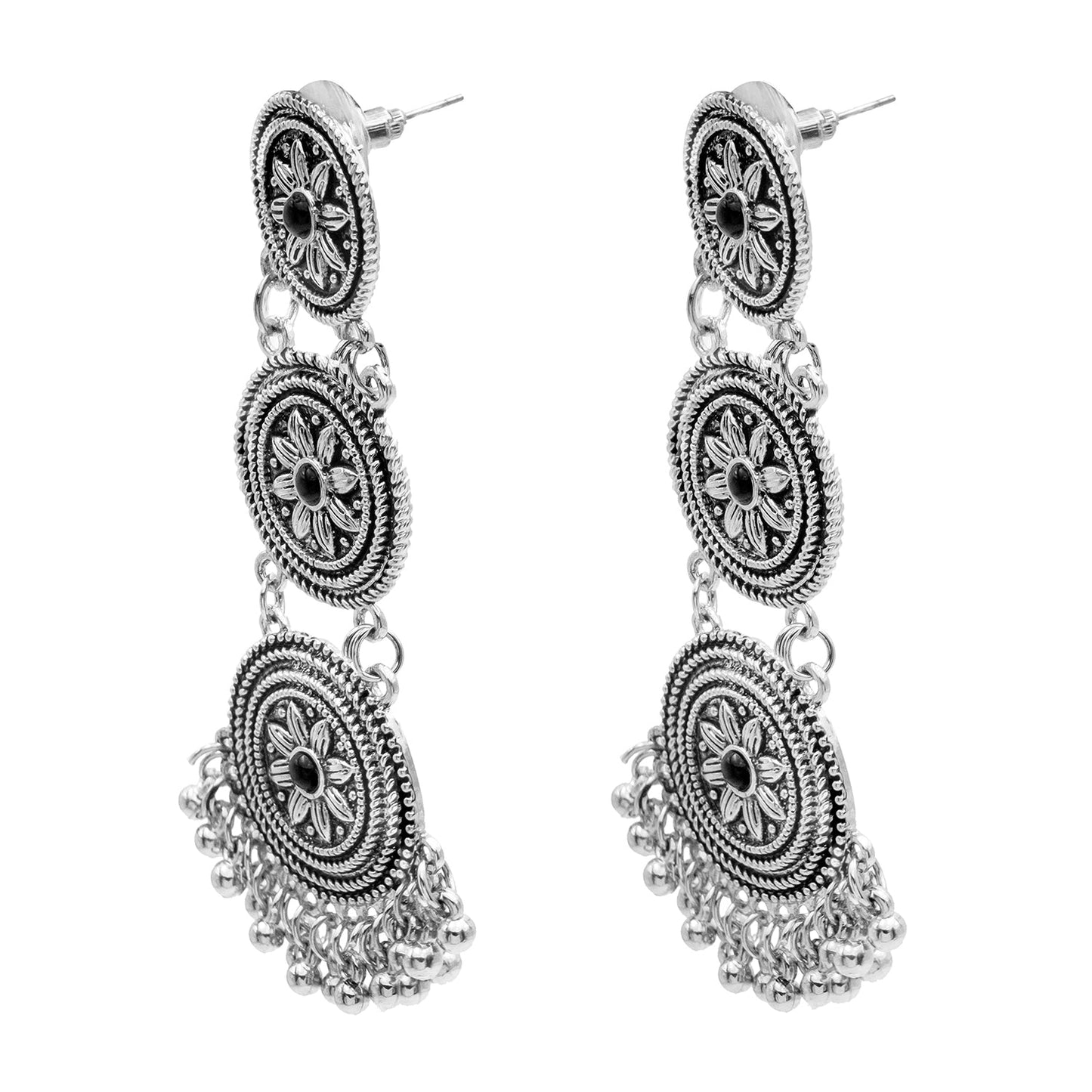 Antique Silver Plated Oxidised Traditional Tribal Look Jhumka With CZ & Pearls Long Earrings for Women (SJE_49)