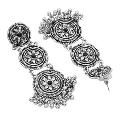 Antique Silver Plated Oxidised Traditional Tribal Look Jhumka With CZ & Pearls Long Earrings for Women (SJE_49)