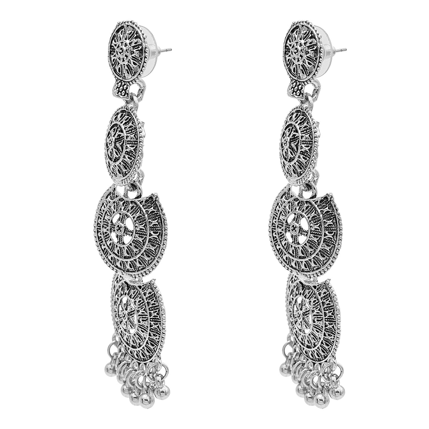 Antique Silver Plated Oxidised Traditional Look With Pearls Long Earrings for Women (SJE_50)